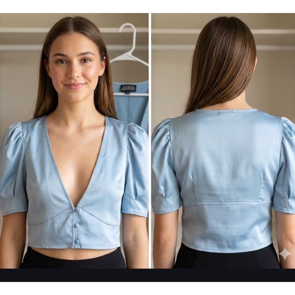 Danielle Bernstein Light Blue Satin Puff Sleeve V-Neck Cropped Top Small